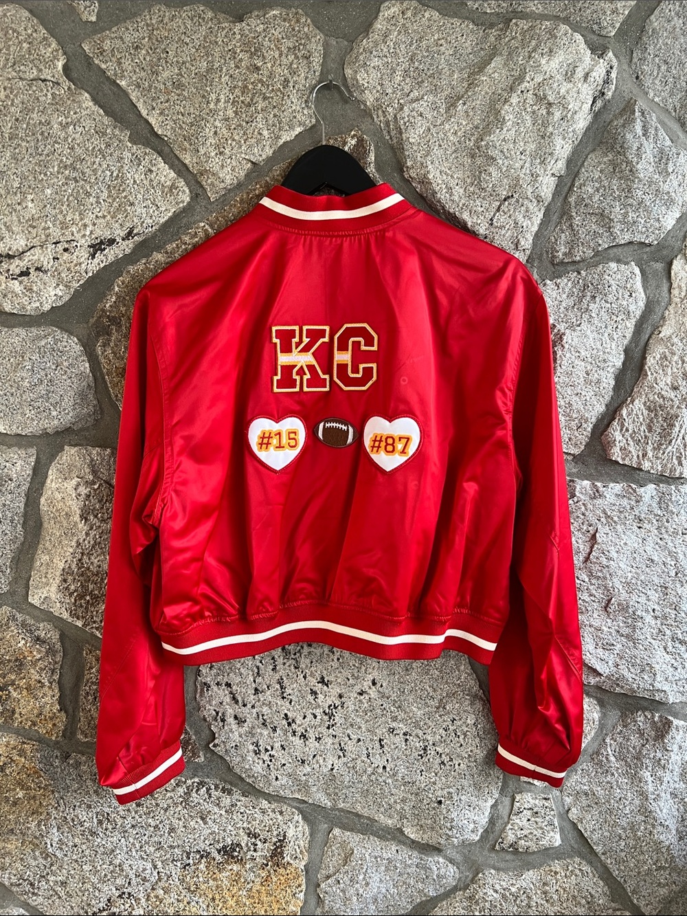 Kansas City Chiefs Divided Red Satin Varsity Jacket with KC Logo
